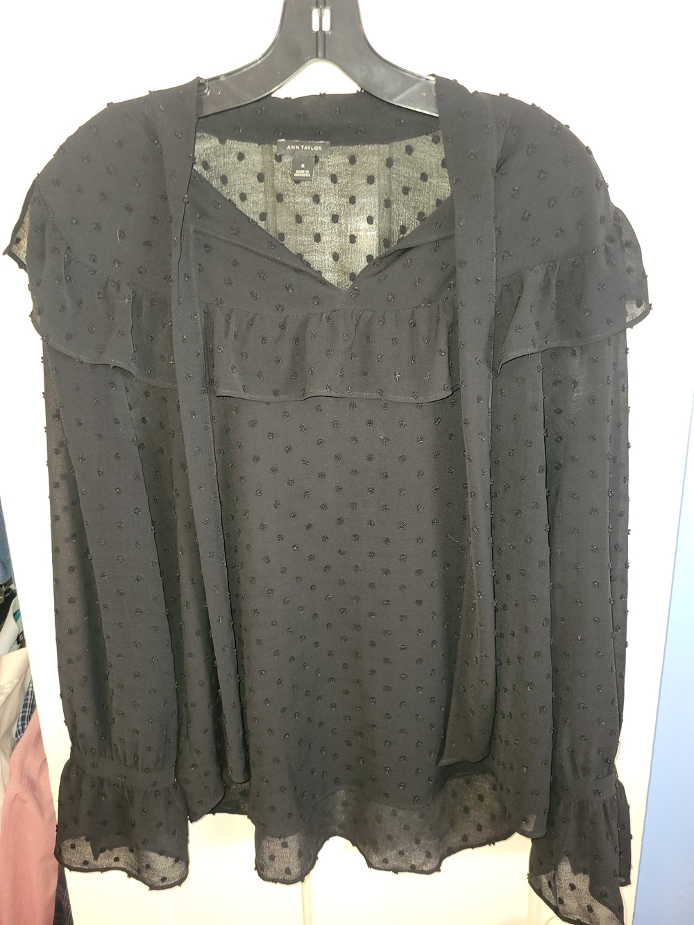 Ann Taylor Black Swiss Dot Tie-Neck Ruffle Blouse